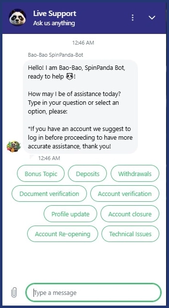 Moyens de contact pour support client chez Spinpanda